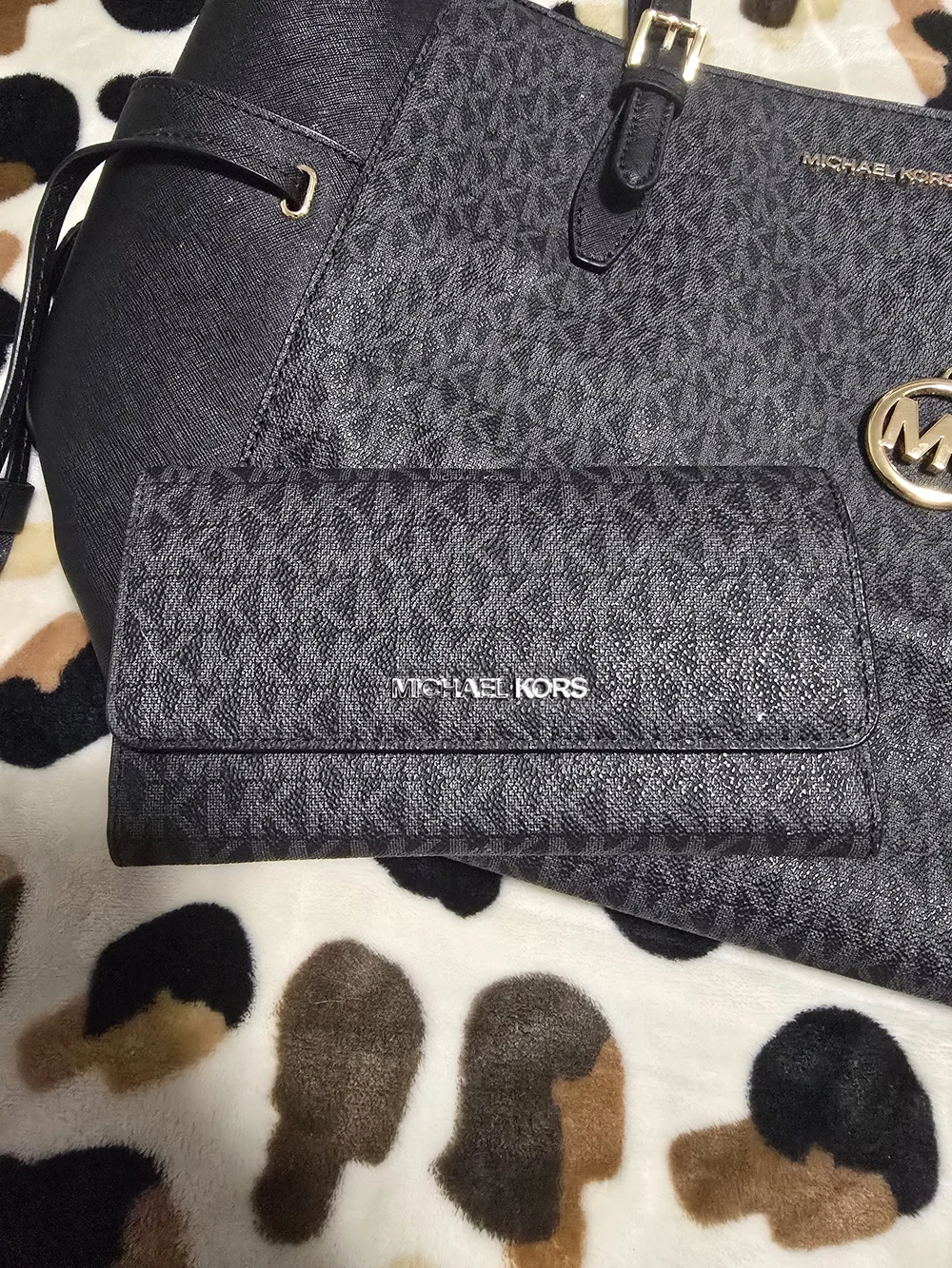 Michael Kors Black MK Logo Shoulder Tote with Gold Charm And matching wallet.